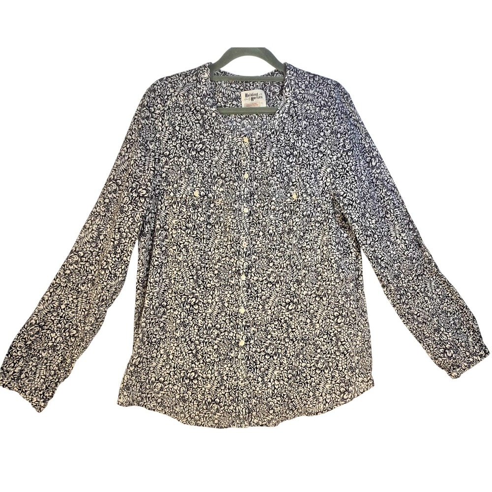 Holding Horses Anthropologie Lightweight Top Women Sz 14 button Floral Birds Art